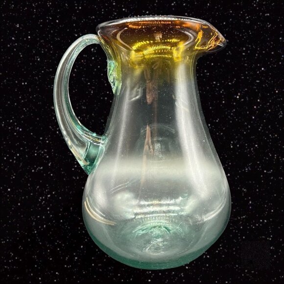 Handblown Art Glass Pitcher Clear w Brown Ombre Applied Handle 9”T 5”W - Picture 2 of 12